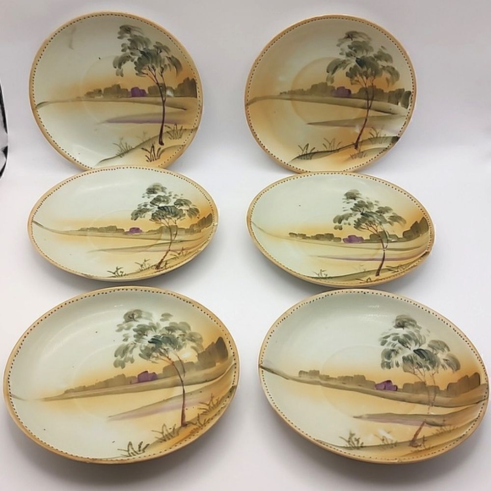 Antique Nippon Hand Painted Saucer Dishes Set of 6 Landscape Design